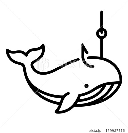 Whaling phishing cyber attack icon, minimalist line art of fish hook catching big whale for executive social engineering, corporate fraud, and network security concept. 139987516