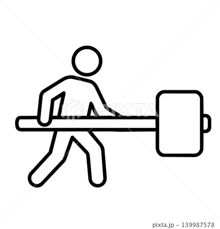 Man with sledgehammer stick figure icon, minimalist line art of worker holding big hammer for construction demolition, manual labor, and renovation concept. Man with sledgehammer stick figure icon, minimalist line art of worker holding big hammer for construction demolition, manual labor, and renovation concept. 139987578