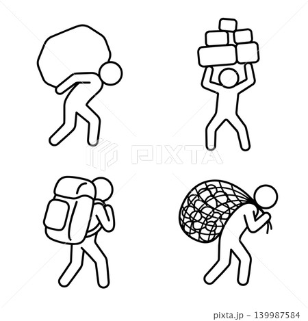 Man carrying heavy load stick figure icon set vector. Manual labor workers, moving luggage, lifting boxes, and weight carrying postures concept illustration Man carrying heavy load stick figure icon set vector. Manual labor workers, moving luggage, lifting boxes, and weight carrying postures concept illustration 139987584