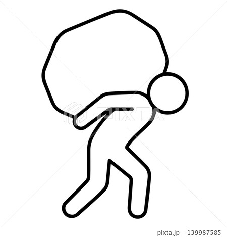 Man carrying heavy sack stick figure icon, minimalist line art of worker slumping under load for manual labor, logistics delivery, and moving service concept. Man carrying heavy sack stick figure icon, minimalist line art of worker slumping under load for manual labor, logistics delivery, and moving service concept. 139987585