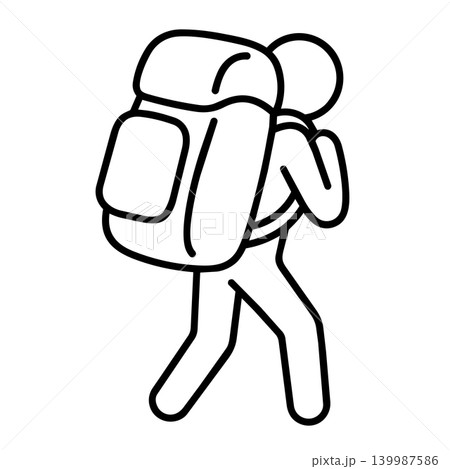 Man with heavy backpack stick figure icon, minimalist line art of hiker walking with big luggage for mountaineering, backpacking travel, and outdoor adventure concept. Man with heavy backpack stick figure icon, minimalist line art of hiker walking with big luggage for mountaineering, backpacking travel, and outdoor adventure concept. 139987586