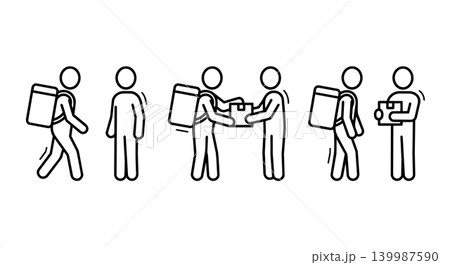 Courier delivery stick figure icon set vector. Courier with backpack handing parcel box to customer process infographic illustration Courier delivery stick figure icon set vector. Courier with backpack handing parcel box to customer process infographic illustration 139987590