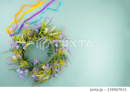 Midsummer Wreath with Maypole Ribbons. 139987631