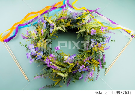 Midsummer Wreath with Maypole Ribbons. Midsummer Wreath with Maypole Ribbons. 139987633