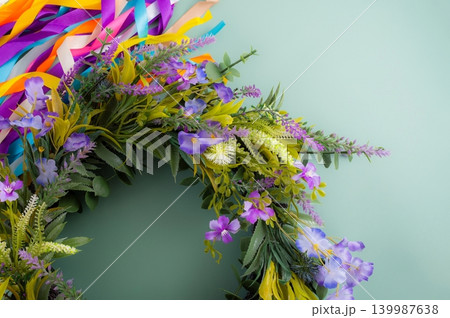 Midsummer Wreath with Maypole Ribbons. 139987638
