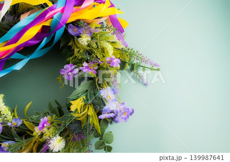 Midsummer Wreath with Maypole Ribbons. 139987641