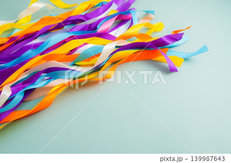 Colorful Rainbow Ribbon Wand with Wooden Sticks on Light Blue Background 139987643