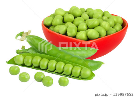 Fresh green peas in ceramic bowl isolated on white background Fresh green peas in ceramic bowl isolated on white background 139987652