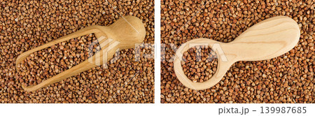 Raw buckwheat in wooden scoop and spoon as a background. Top view. Flat lay Raw buckwheat in wooden scoop and spoon as a background. Top view. Flat lay 139987685