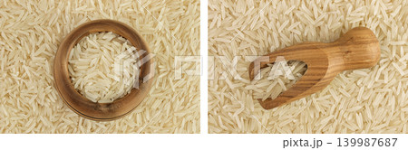 rice basmati in wooden bowl and scoop as a background. Top view. Flat lay rice basmati in wooden bowl and scoop as a background. Top view. Flat lay 139987687