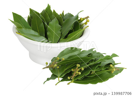 Fresh Laurel leaves in ceramic bowl isolated on white background. Green bay leaf Fresh Laurel leaves in ceramic bowl isolated on white background. Green bay leaf 139987706