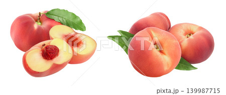 ripe chinese flat peach fruit with leaf isolated on white background ripe chinese flat peach fruit with leaf isolated on white background 139987715