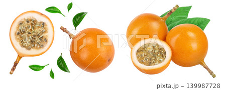 Granadilla or yellow passion fruit with leaf isolated on white background. Top view. Flat lay Granadilla or yellow passion fruit with leaf isolated on white background. Top view. Flat lay 139987728