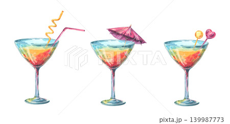 Watercolor illustration of three colorful summer cocktails in martini glasses. Hand drawn tropical drinks with straw, parasol and decoration. Refreshing beverages for summer party menu. Watercolor illustration of three colorful summer cocktails in martini glasses. Hand drawn tropical drinks with straw, parasol and decoration. Refreshing beverages for summer party menu. 139987773
