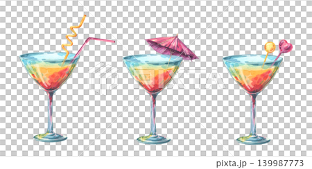 Watercolor illustration of three colorful summer cocktails in martini glasses. Hand drawn tropical drinks with straw, parasol and decoration. Refreshing beverages for summer party menu. Watercolor illustration of three colorful summer cocktails in martini glasses. Hand drawn tropical drinks with straw, parasol and decoration. Refreshing beverages for summer party menu. 139987773