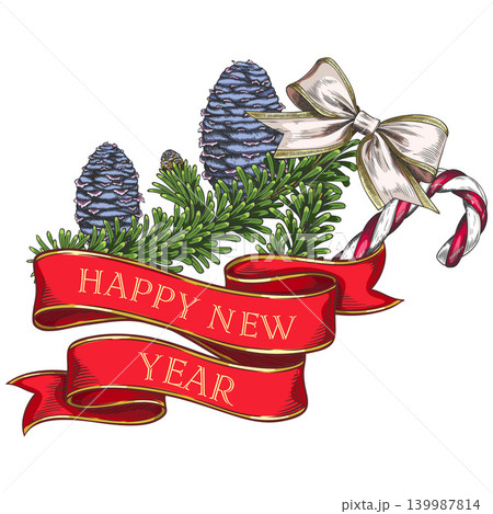 Happy New Year red ribbon banner with fir trees with cone, bow and candy cane vector sketch, holiday Christmas design 139987814