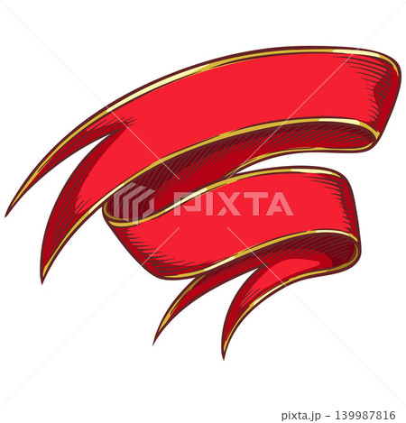 Red ribbon banner sketch style, vector vintage twisting frame title banner, hand drawn ribbon forked ends for headline 139987816