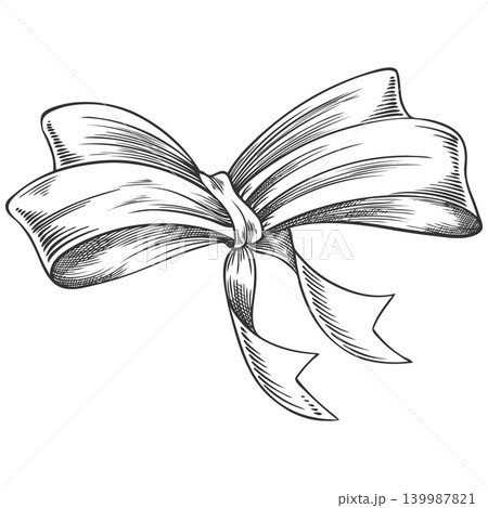 Bow sketch style vector icon, hand drawn engraved double bow, vintage coquette knot design element, holiday decoration Bow sketch style vector icon, hand drawn engraved double bow, vintage coquette knot design element, holiday decoration 139987821