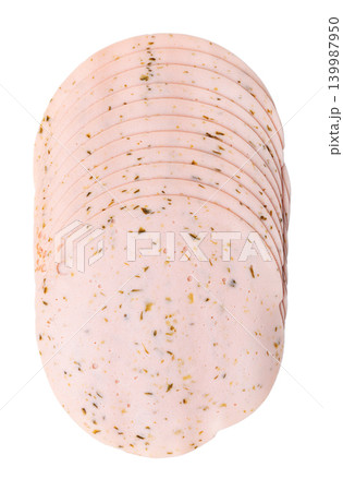 Cold cut vegetarian sausage slices with gherkins, stack of sliced meatless sausage. Cold cut vegetarian sausage slices with gherkins, stack of sliced meatless sausage. 139987950