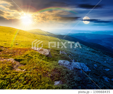 day meet night. mountain summer time landscape. sun and moon over meadow with giant stones among the grass on the hillside. epic view near the peak of mountain smooth at twilight. harmony concept day meet night. mountain summer time landscape. sun and moon over meadow with giant stones among the grass on the hillside. epic view near the peak of mountain smooth at twilight. harmony concept 139988435