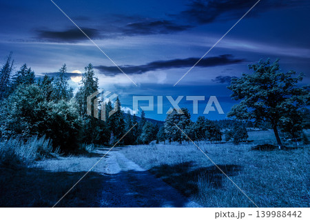 mysterious view of a country road in carpathian mountains for travel at night. road journey through forested countryside summer scenery. full moon over forest on the background hill. sky with clouds mysterious view of a country road in carpathian mountains for travel at night. road journey through forested countryside summer scenery. full moon over forest on the background hill. sky with clouds 139988442