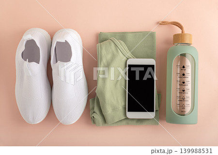 Fitness essentials preparing for a healthy workout concept Fitness essentials preparing for a healthy workout concept 139988531