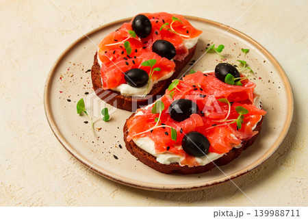 sandwiches with red fish, cream cheese, olives and microgreens, breakfast, sandwiches with red fish, cream cheese, olives and microgreens, breakfast, 139988711