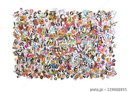 Pile of many colorful letters from newspapers and magazines isolated on white background with clipping path 139988955
