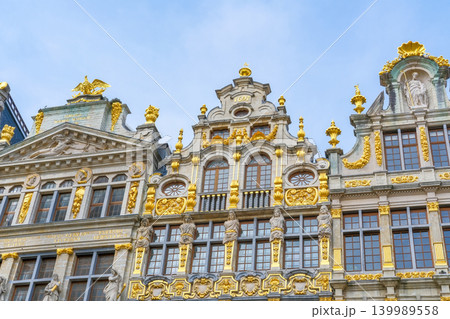 Baroque facades with ornate golden details on Grand-Place (Grote Markt) in Brussels, Belgium. Traveling through Europe. Bruxelles capital city sightseeing. La Brouette, Le Sac, La Louve guild houses Baroque facades with ornate golden details on Grand-Place (Grote Markt) in Brussels, Belgium. Traveling through Europe. Bruxelles capital city sightseeing. La Brouette, Le Sac, La Louve guild houses 139989558