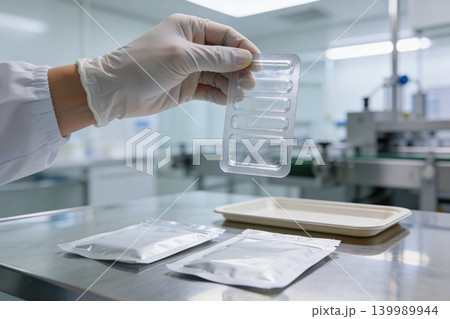 Scientist in sterile lab holding blister pack for pharmaceutical packaging inspection Scientist in sterile lab holding blister pack for pharmaceutical packaging inspection 139989944