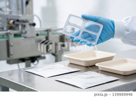 Gloved hand holding blister pack of empty capsules in a sterile production facility 139989946