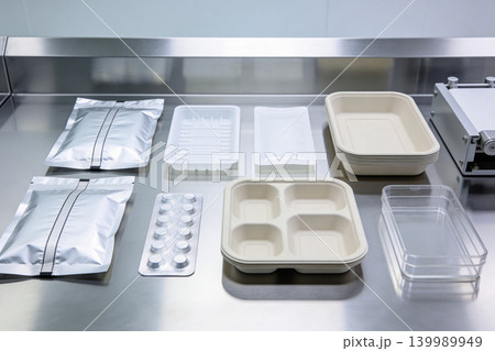 Assortment of food and medical packaging containers on a stainless steel surface Assortment of food and medical packaging containers on a stainless steel surface 139989949