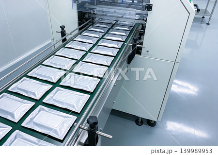 Automated packaging line producing sealed foil pouches on a conveyor belt 139989953