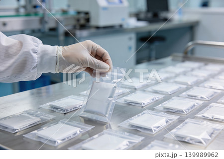 Scientist in sterile lab coat and gloves handling sealed product samples on a cleanroom table Scientist in sterile lab coat and gloves handling sealed product samples on a cleanroom table 139989962