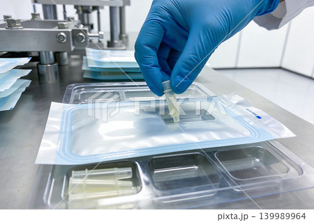 Gloved hand places small vial into sterile packaging on a laboratory production line Gloved hand places small vial into sterile packaging on a laboratory production line 139989964