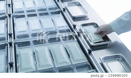 Automated packaging process in a sterile laboratory environment with gloved hand 139990105