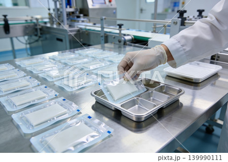 Sterile medical supplies being packaged and sorted in a cleanroom production facility 139990111