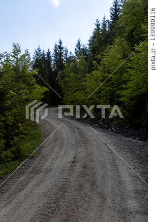 Muddy Gravel Road Texture With Footprints And Tire Tracks Muddy Gravel Road Texture With Footprints And Tire Tracks 139990116