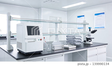 Modern laboratory equipment with microscope and analytical instrument on a clean bench 139990134