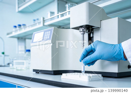 Scientist in blue gloves performing analysis with laboratory equipment Scientist in blue gloves performing analysis with laboratory equipment 139990140