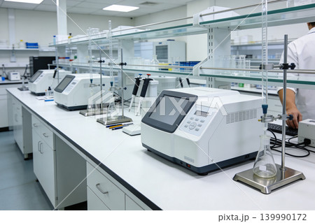 Modern laboratory equipment with scientific instruments and glassware on a clean workbench Modern laboratory equipment with scientific instruments and glassware on a clean workbench 139990172