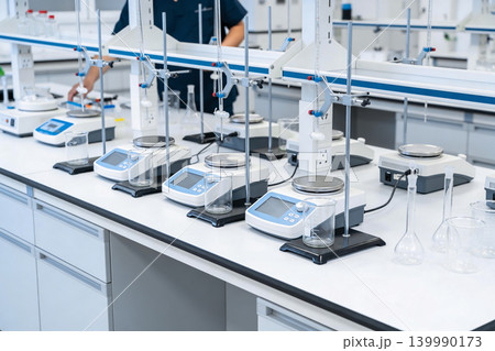Modern laboratory equipment with digital scales and glassware arranged on a clean white bench 139990173