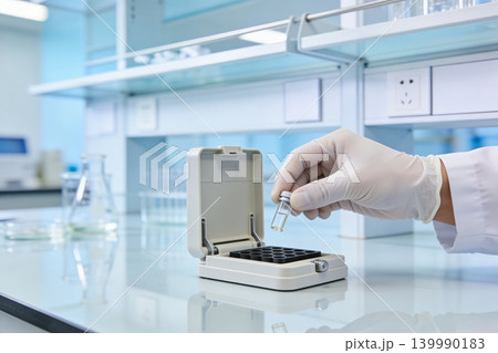 Scientist in sterile gloves holds vial over laboratory equipment for analysis 139990183