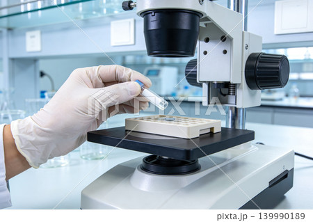 Scientist in sterile gloves prepares sample for microscopic examination in a laboratory 139990189