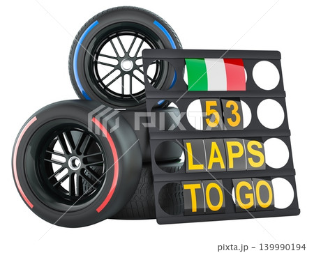 Italian racing with flag of Italy and racing wheels with different compounds type tyres. 3D rendering Italian racing with flag of Italy and racing wheels with different compounds type tyres. 3D rendering 139990194