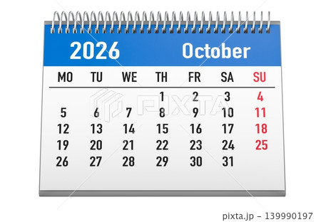 October 2026 desk calendar, 3d rendering 139990197