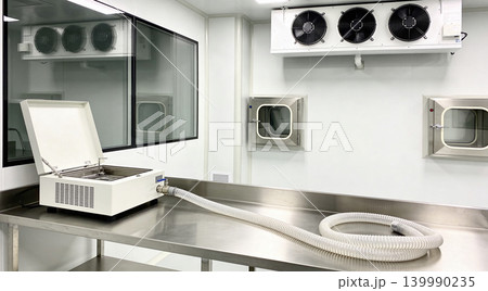 Cleanroom laboratory equipment with cooling fans and transfer window 139990235
