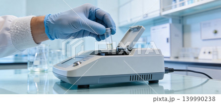 Scientist in blue gloves places vial into laboratory analysis machine Scientist in blue gloves places vial into laboratory analysis machine 139990238