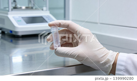 Scientist in gloves holds a small vial in a laboratory setting 139990280