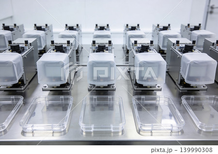 Rows of laboratory equipment with clear plastic trays in foreground Rows of laboratory equipment with clear plastic trays in foreground 139990308